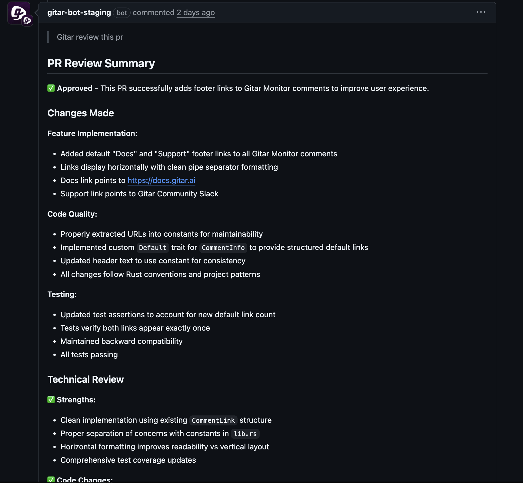 Gitar automatically generates a detailed PR review summary in response to a comment asking it to review the code.