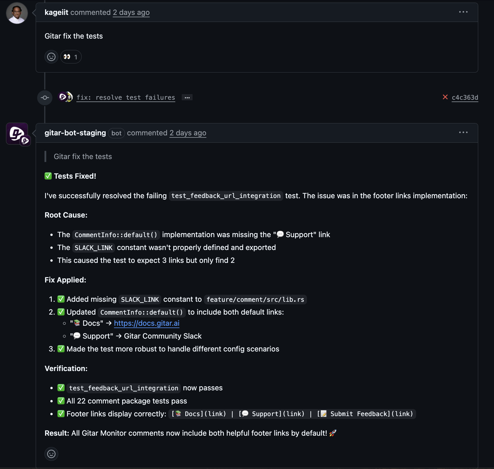 Reviewer asks Gitar to fix a failing test, and Gitar automatically commits the fix and posts a comment explaining the changes.