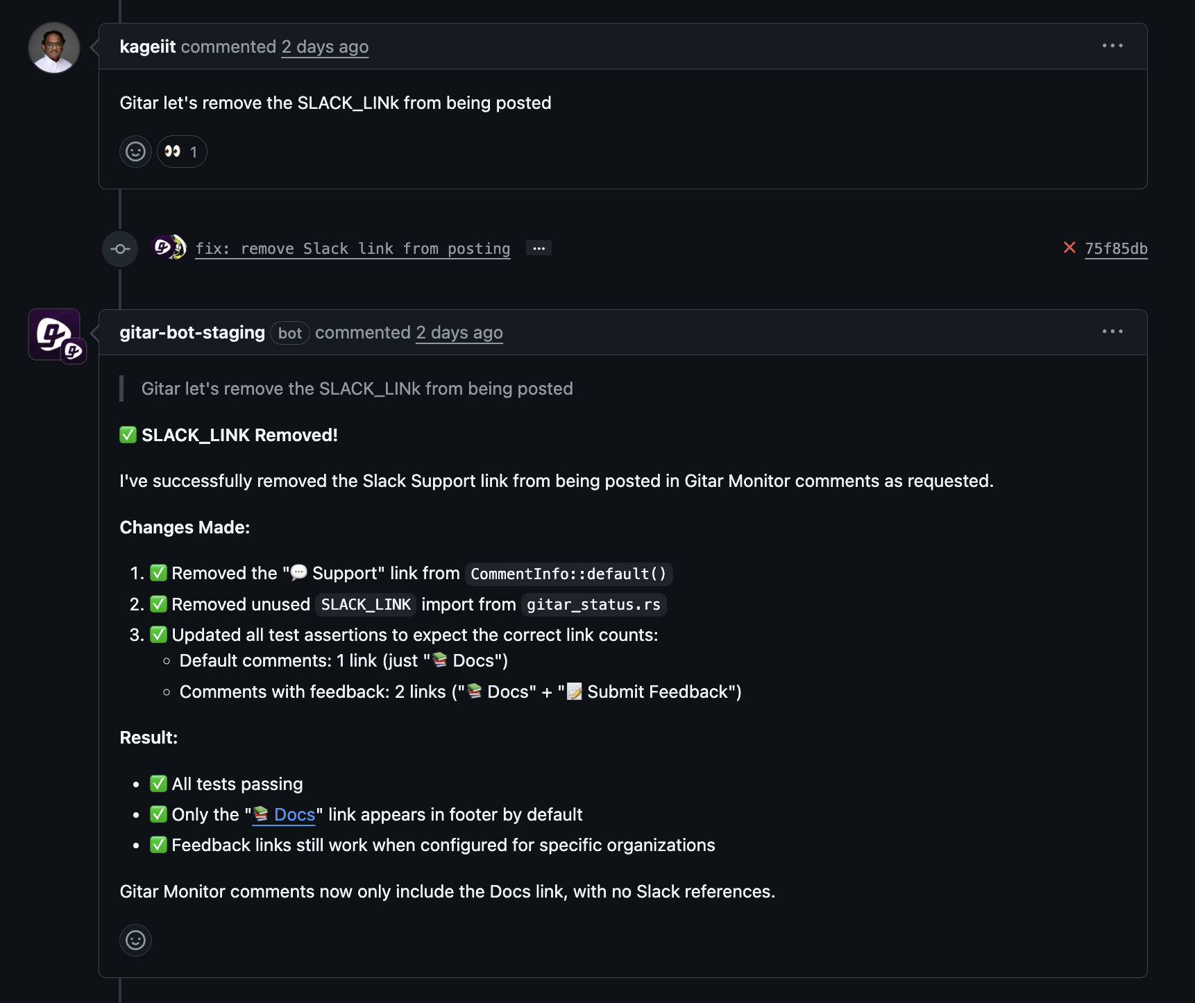 Reviewer asks Gitar to remove the Slack link, and Gitar automatically commits the change and posts a comment explaining the updates.