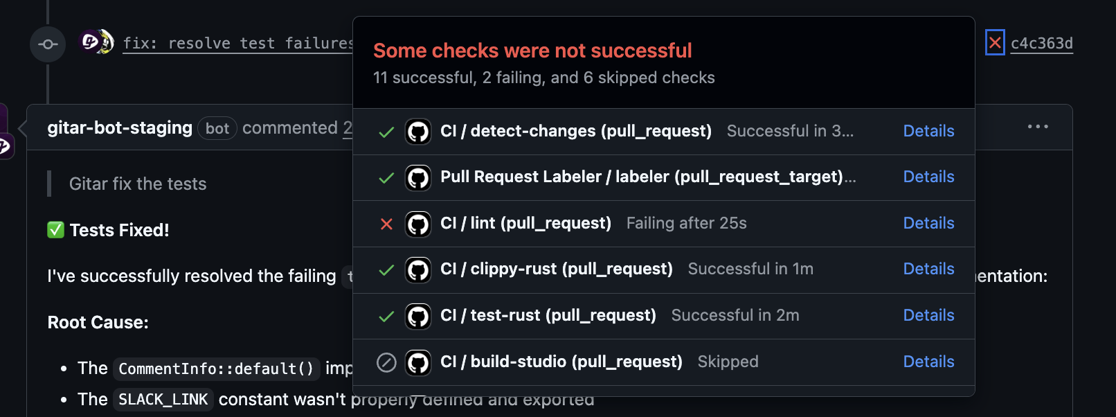 Gitar automatically fixes CI failures, such as lint errors and test failures, and posts updates once the issues are resolved.