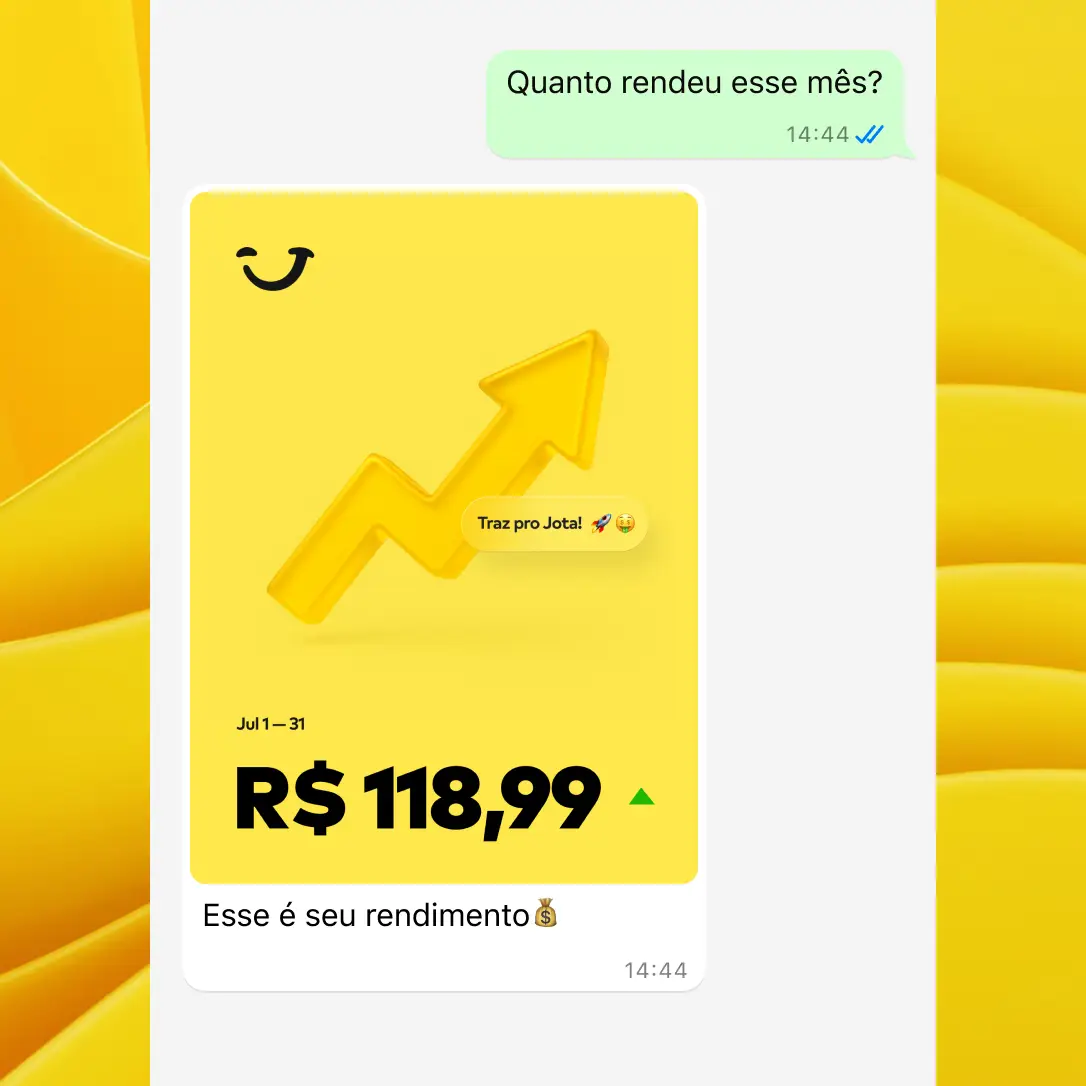 Imagem de celular exibindo uma conversa no WhatsApp com o Jota, onde o usuário pergunta “Quanto rendeu esse mês?” e recebe como resposta o rendimento acumulado no valor de R$ 118,99, com fundo amarelo e seta apontando para cima.