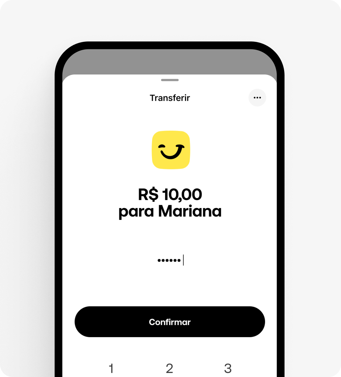 Imagem de uma tela de aplicativo com interface de transferência de R$ 10,00 para Mariana, exibindo campo de senha e botão “Confirmar”. Estilo visual minimalista com ícone do Jota.