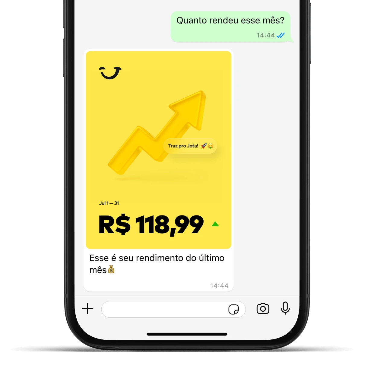 Imagem de celular com conversa no WhatsApp entre o usuário e o Jota, exibindo um cartão amarelo com seta de crescimento e o valor de R$ 118,99 como rendimento acumulado do mês. Visual limpo com ícone do Jota e fundo branco.