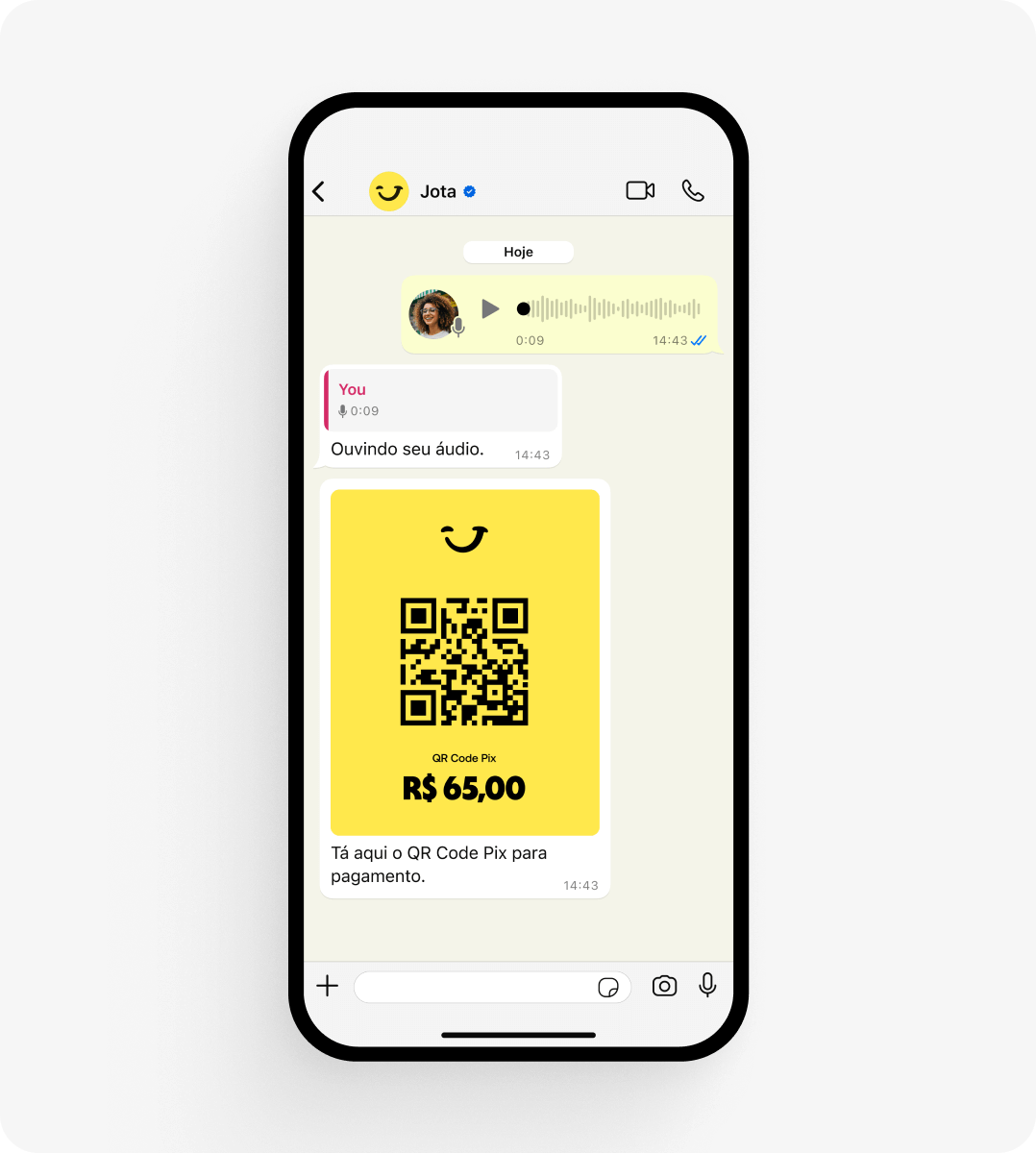 Imagem de conversa no WhatsApp com o Jota, onde o usuário envia um áudio solicitando um pagamento. O assistente responde com um QR Code Pix no valor de R$ 65,00 em fundo amarelo, mostrando automação por voz.