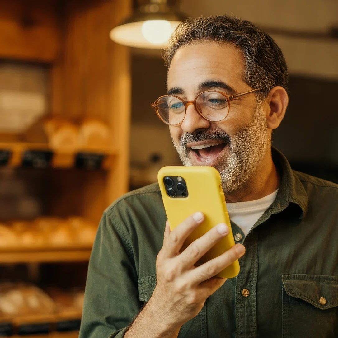 Homem de meia-idade sorridente, segurando um celular amarelo e falando por áudio em um ambiente de padaria. Representa o uso de comando de voz para interações com assistente financeiro no WhatsApp.