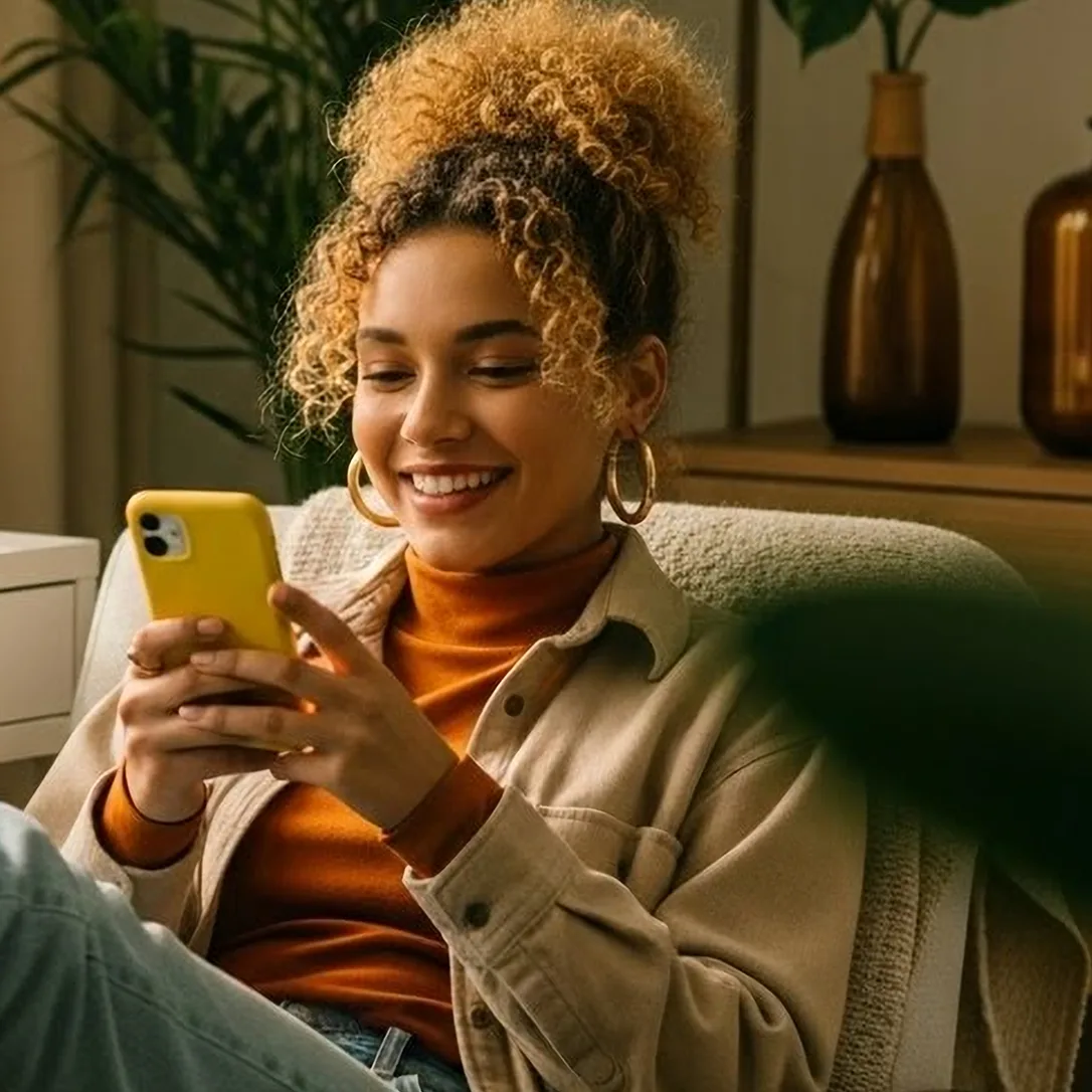 Mulher jovem sentada em ambiente aconchegante, sorrindo enquanto interage com um celular amarelo. Representa a experiência positiva e descomplicada de usar o Jota para gerenciar finanças pelo WhatsApp.