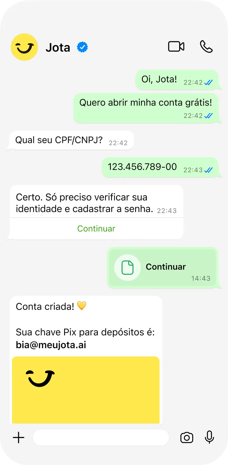 Imagem de conversa no WhatsApp entre o usuário e o Jota, mostrando o fluxo completo de abertura de conta: solicitação, envio de CPF, verificação de identidade e confirmação com chave Pix criada. Interface clara e objetiva.