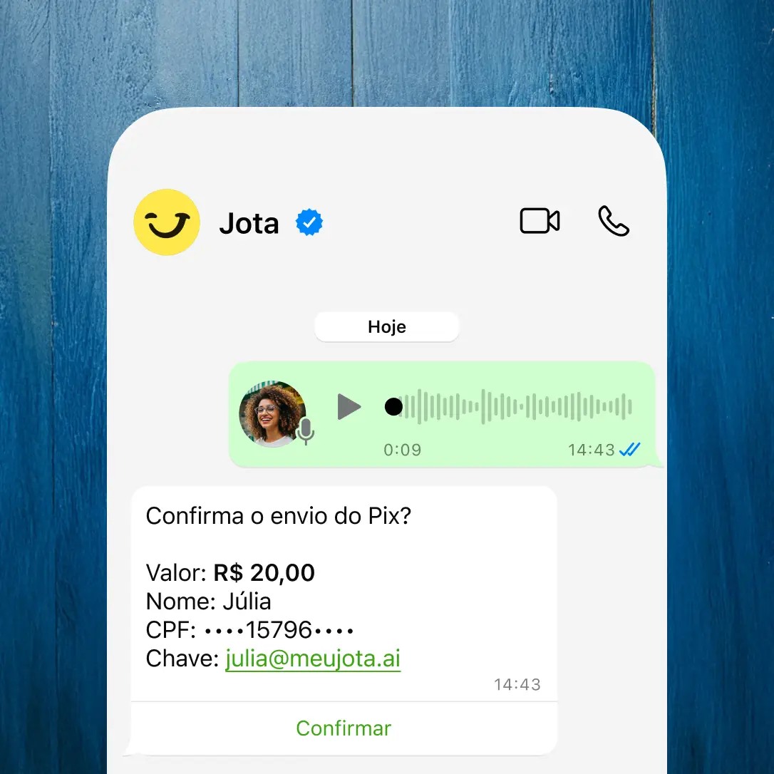 Imagem de conversa no WhatsApp entre o usuário e o Jota, em que um áudio é enviado solicitando um Pix de R$ 20,00 para Júlia. O assistente responde com os dados da transação e botão para confirmar o envio. Fundo azul escuro.