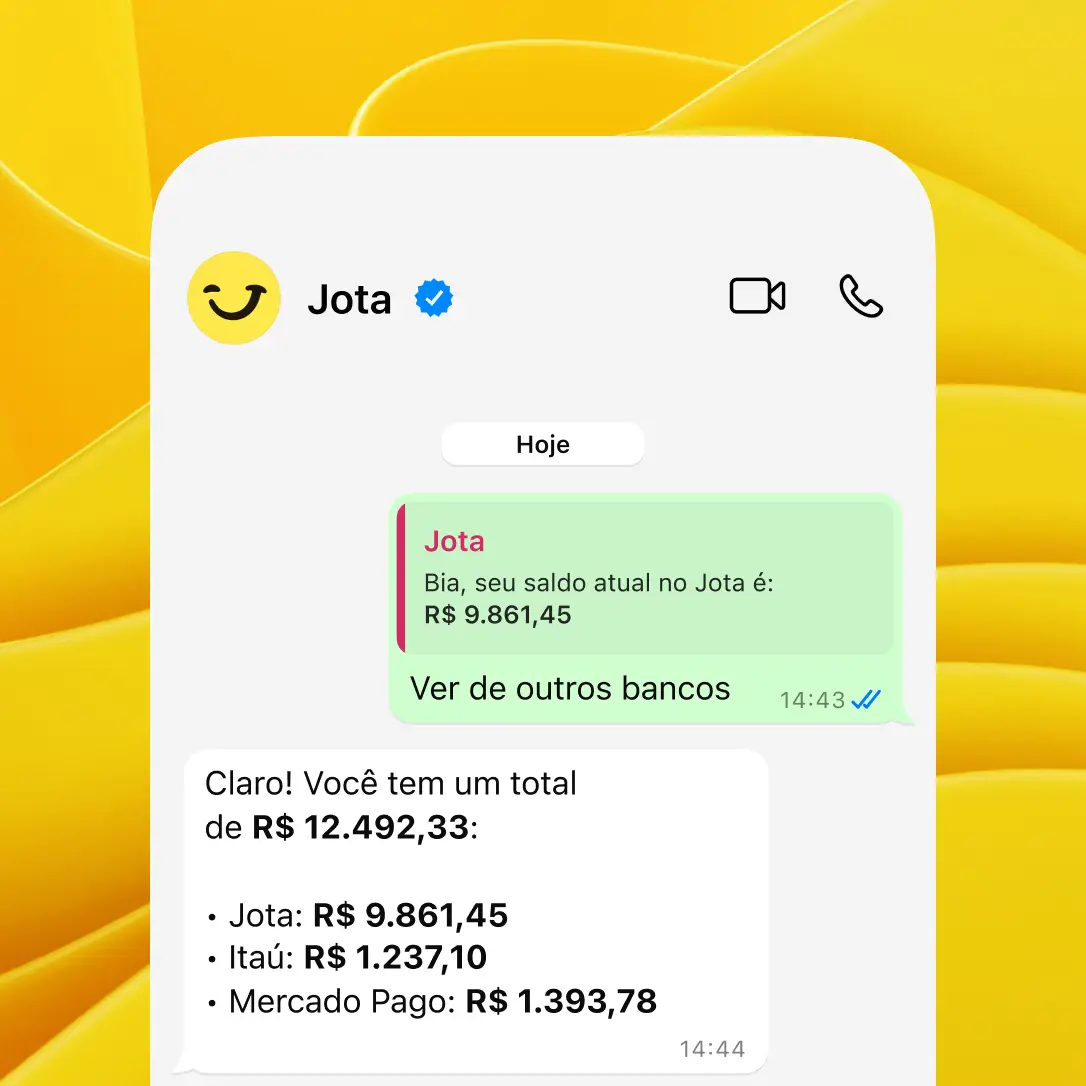 Imagem de conversa no WhatsApp entre o usuário e o Jota mostrando saldo atual no Jota e opção de visualizar saldos de outros bancos. O assistente retorna o valor total somando Jota, Itaú e Mercado Pago, com fundo amarelo vibrante.