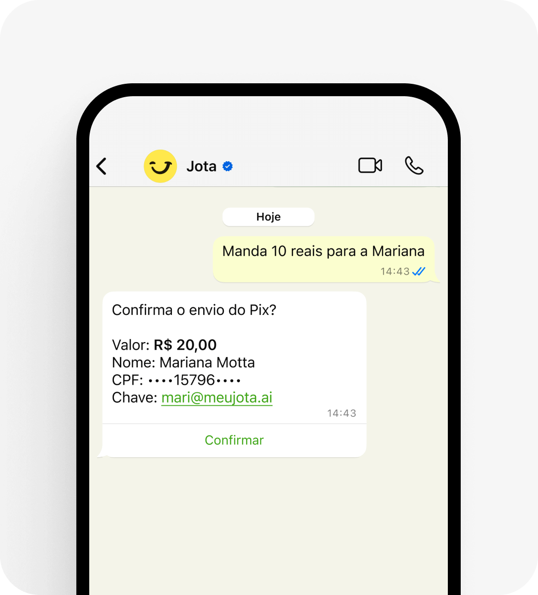 Imagem de conversa no WhatsApp entre o usuário e o Jota, mostrando solicitação para enviar R$ 20,00 para Mariana Motta. O assistente responde com nome, CPF parcialmente oculto, chave Pix