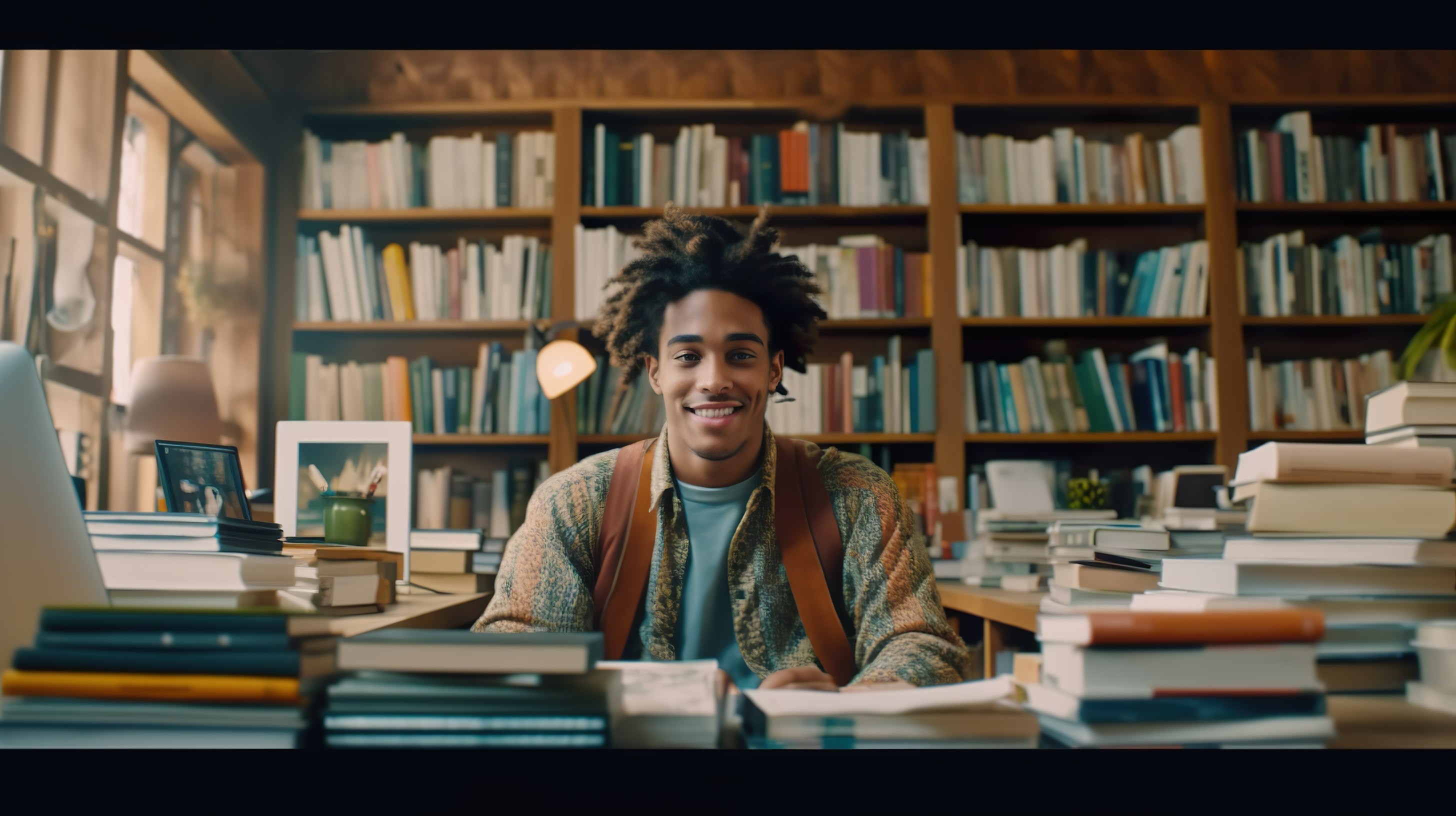 Estudante em biblioteca durante programa de intercâmbio no exterior