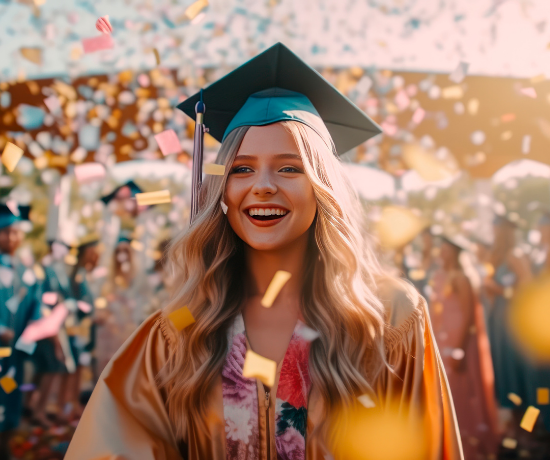 Estudante durante formatura por meio de programa de intercâmbio no exterior