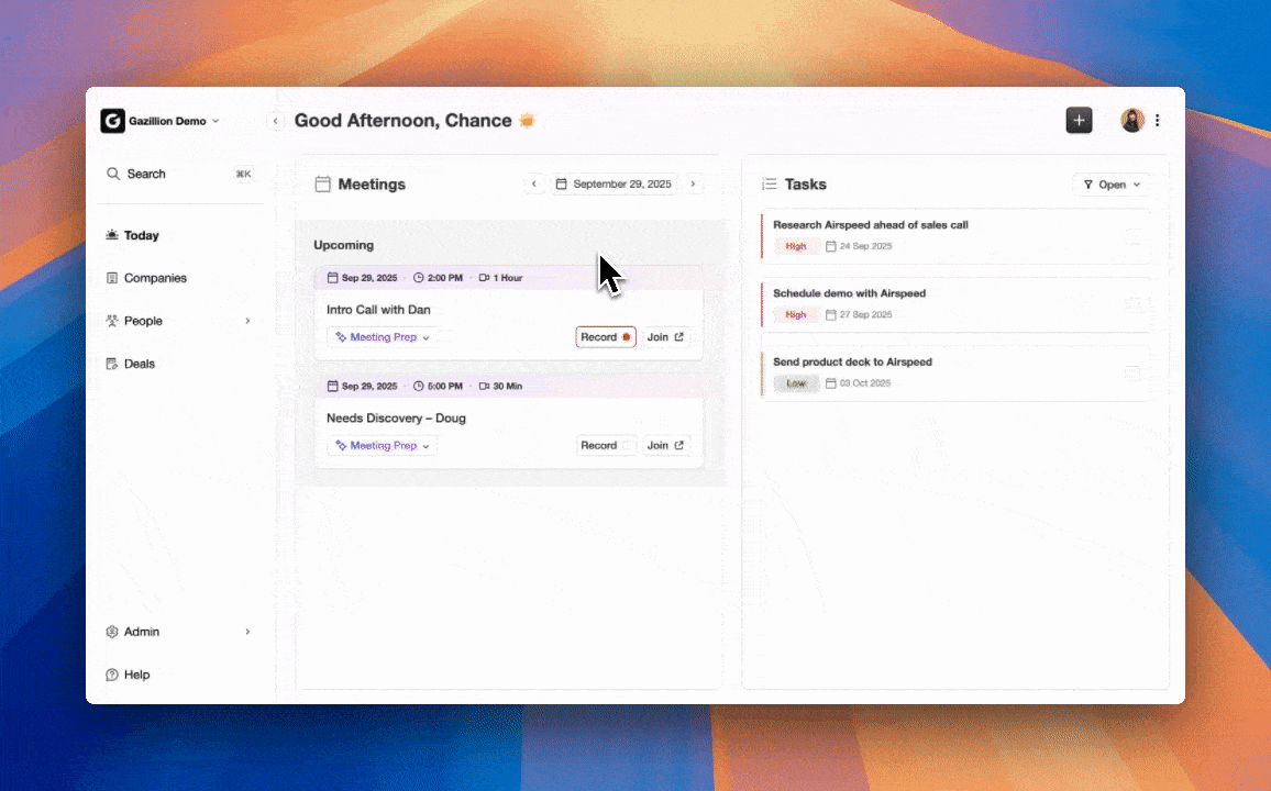 GIF of Coffee platform where user is using AI to prep for a meeting with Coffee AI