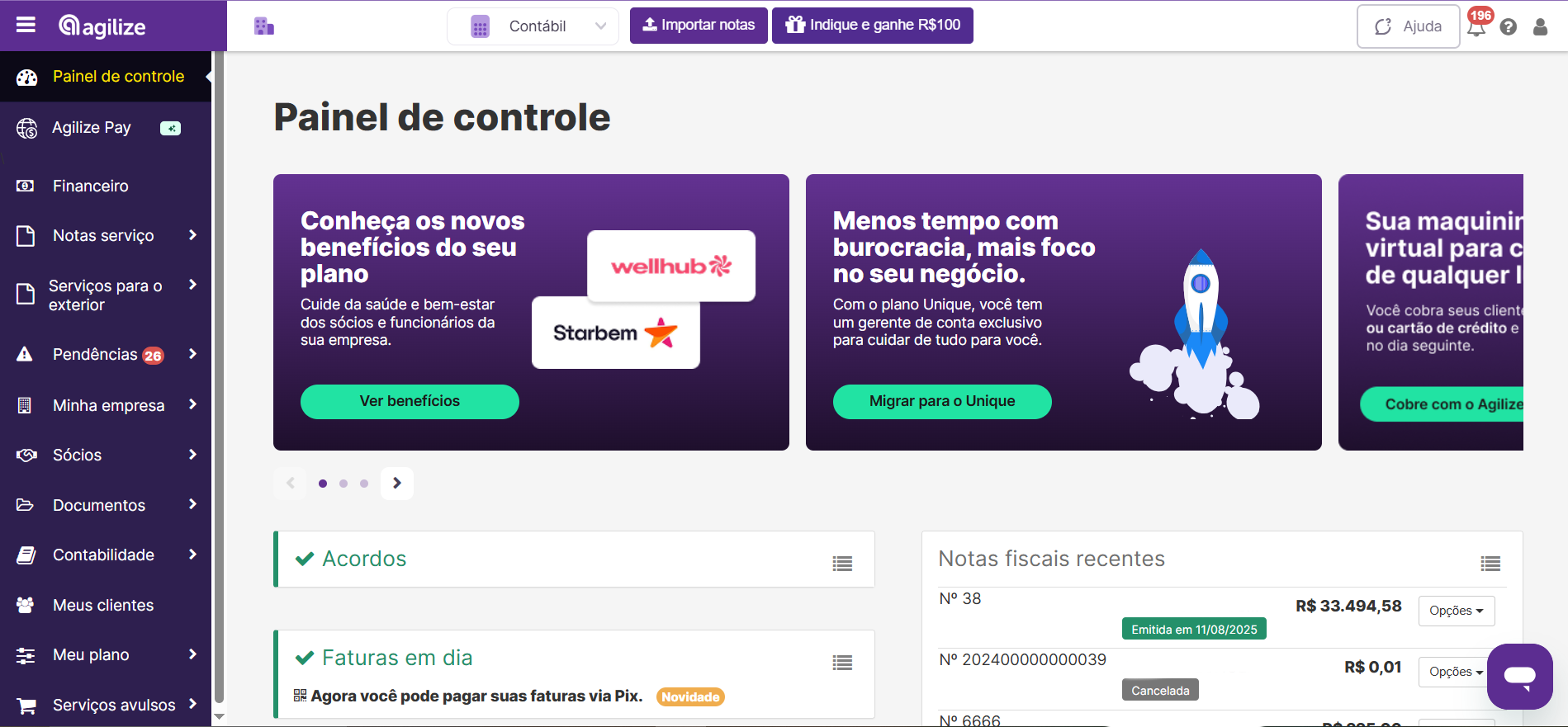 Veja como funciona o painel de controle da Agilize: um dashboard completo para acompanhar finanças, notas fiscais, impostos e pendências da sua empresa em tempo real.