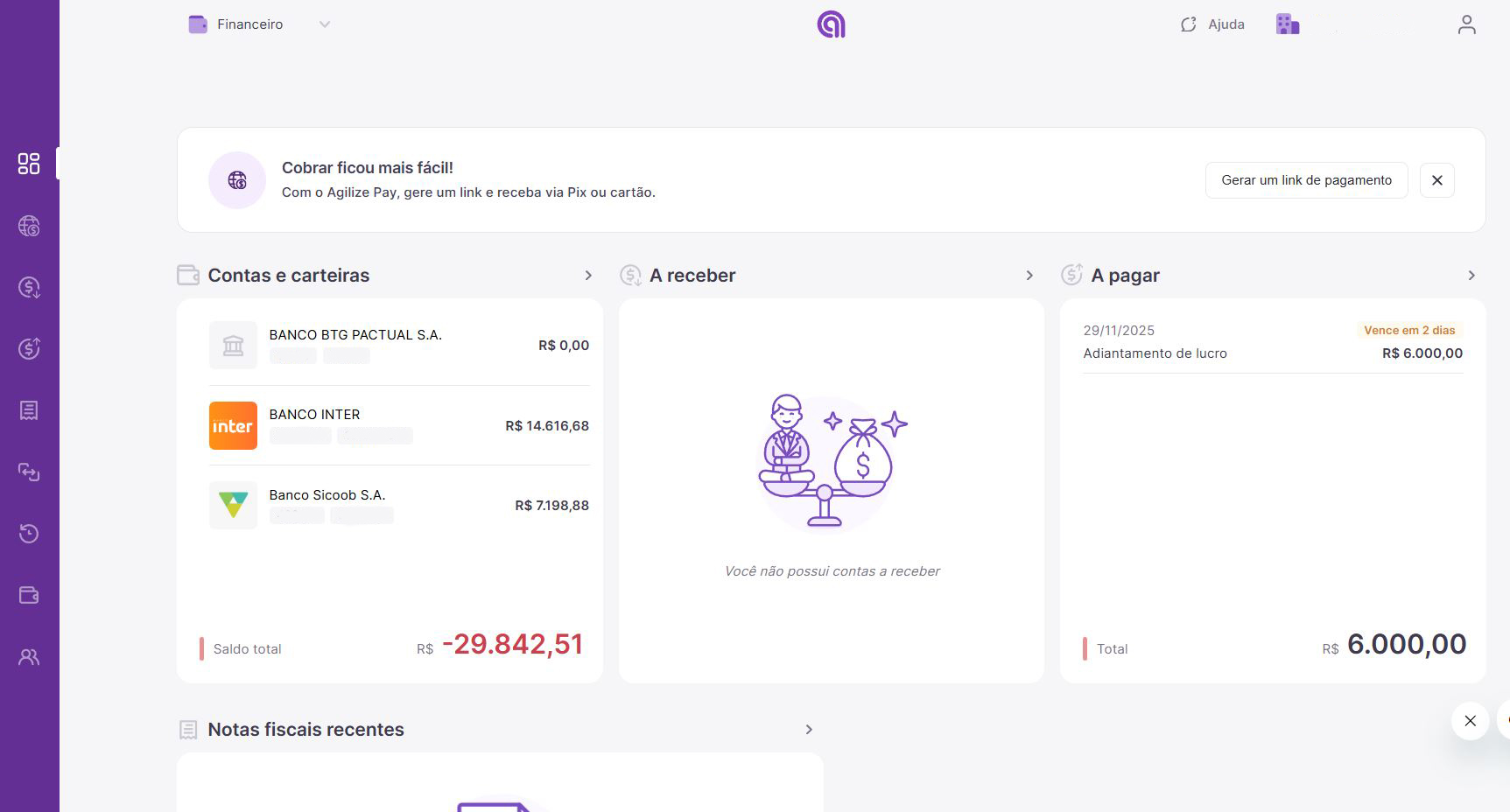 Gestão financeira empresarial com a Agilize: acompanhe contas bancárias, fluxo de caixa, valores a pagar e a receber em uma única plataforma.