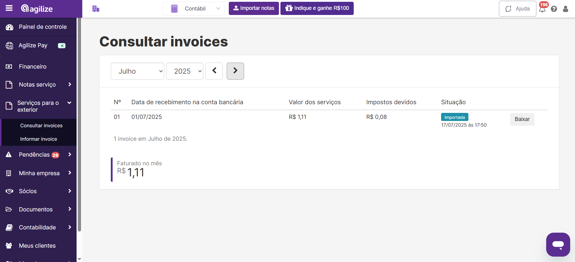Consulte invoices de serviços prestados ao exterior na Agilize, com controle de faturamento, impostos e histórico mensal de recebimentos.