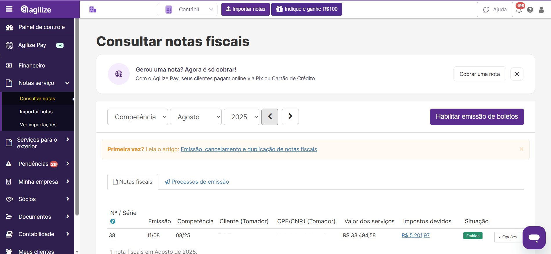 Consulte notas fiscais emitidas na Agilize, com detalhes de valores, impostos, clientes e status de emissão, tudo integrado à sua contabilidade.