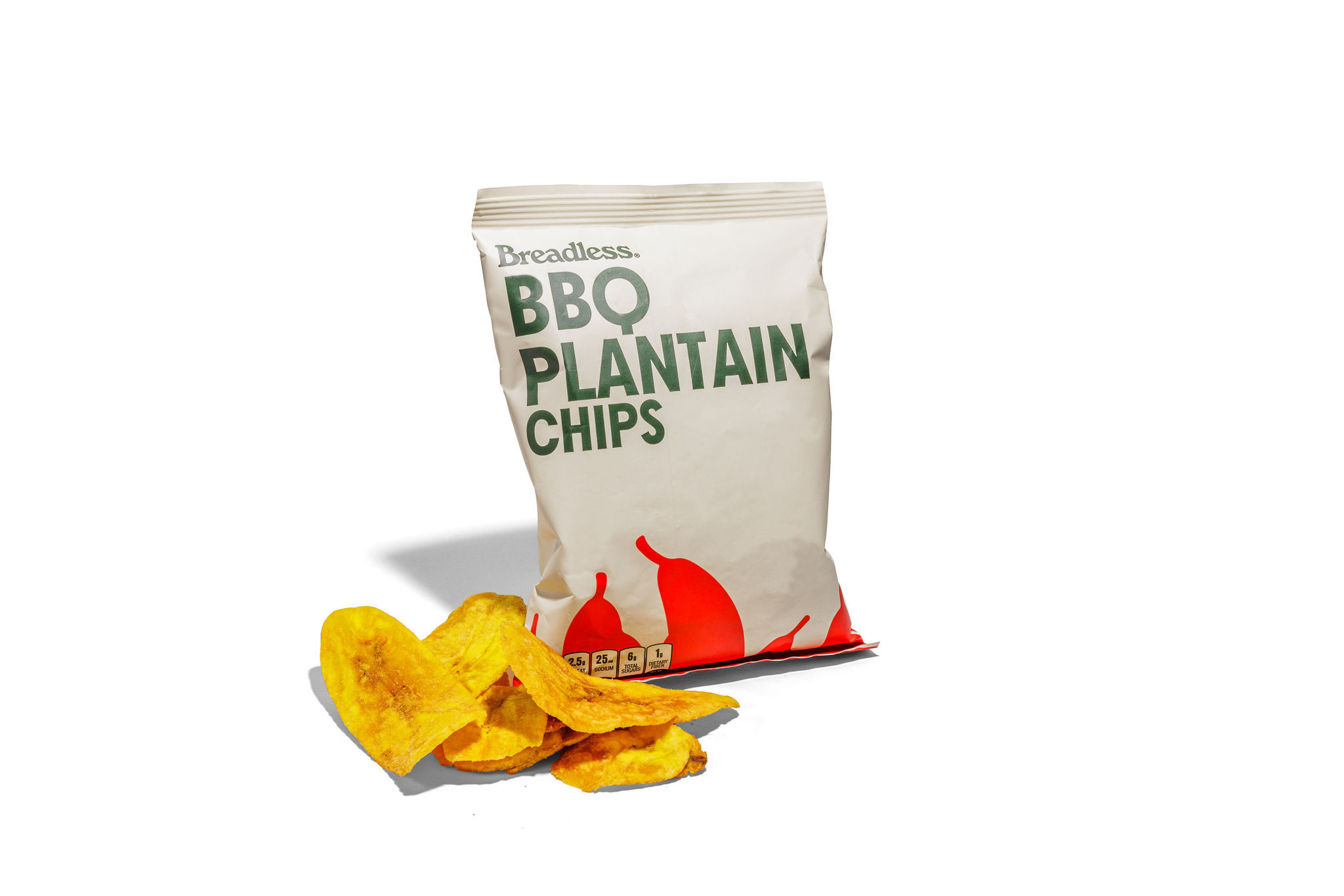 Breadless BBQ Plantain Chips: plantain, sustainable palm olein, and BBQ seasoning (salt, rice flour, onion and garlic powder, yeast extract, smoke flavor, citric acid, barbecue flavor, pepper, and cayenne pepper)