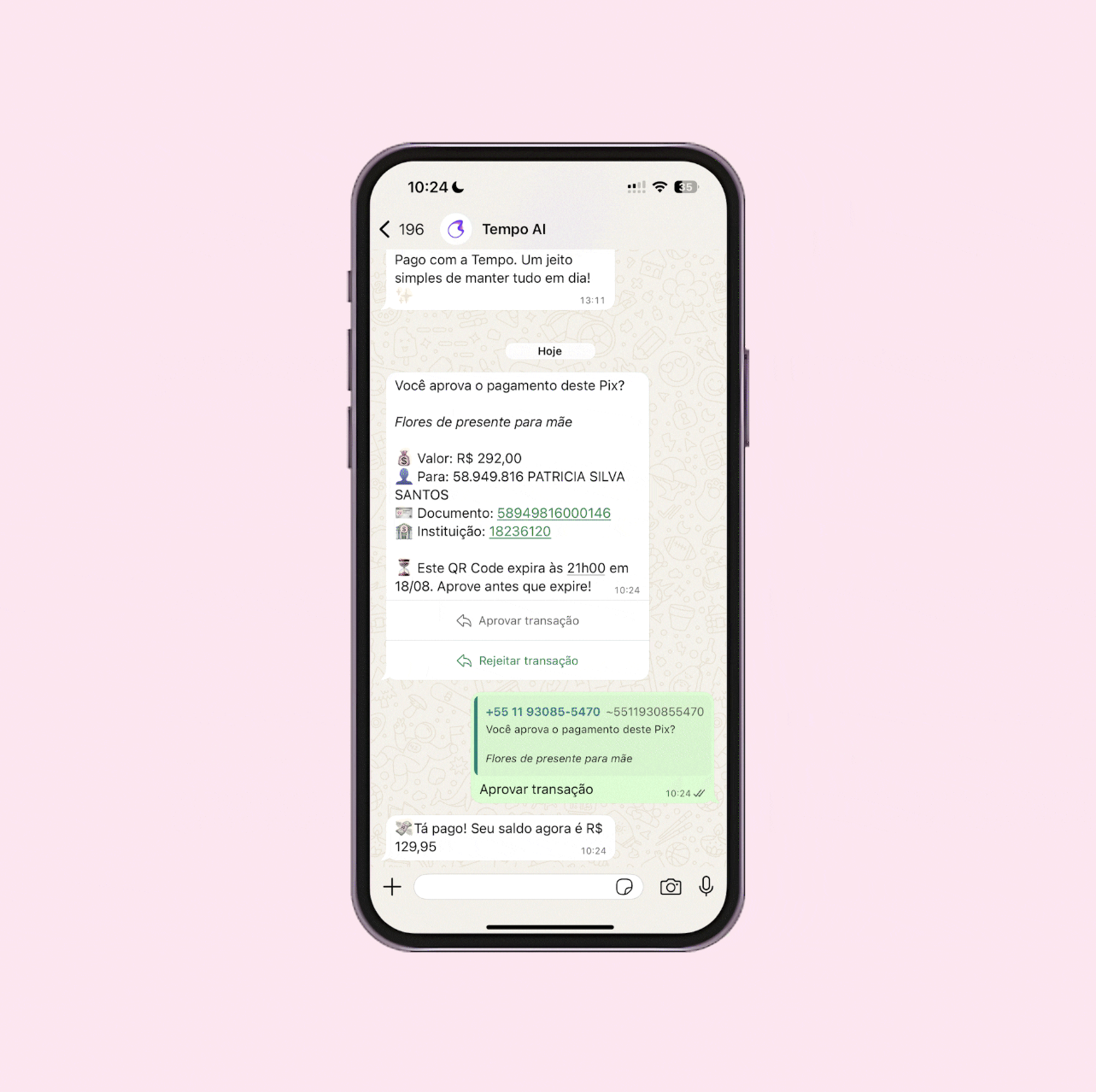 Tempo envia pedido de aprovação de pagamento por pix para cliente