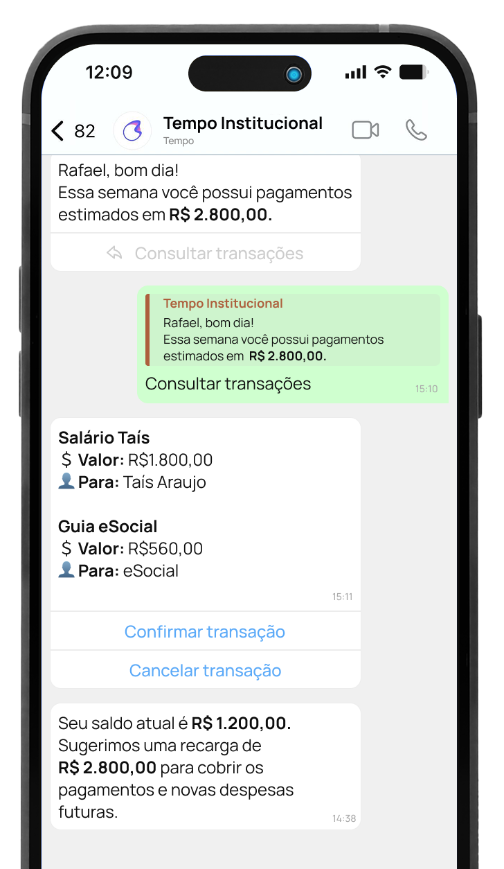 Cliente solicitando consultar transações e pagamentos que serão feitos pela Tempo
