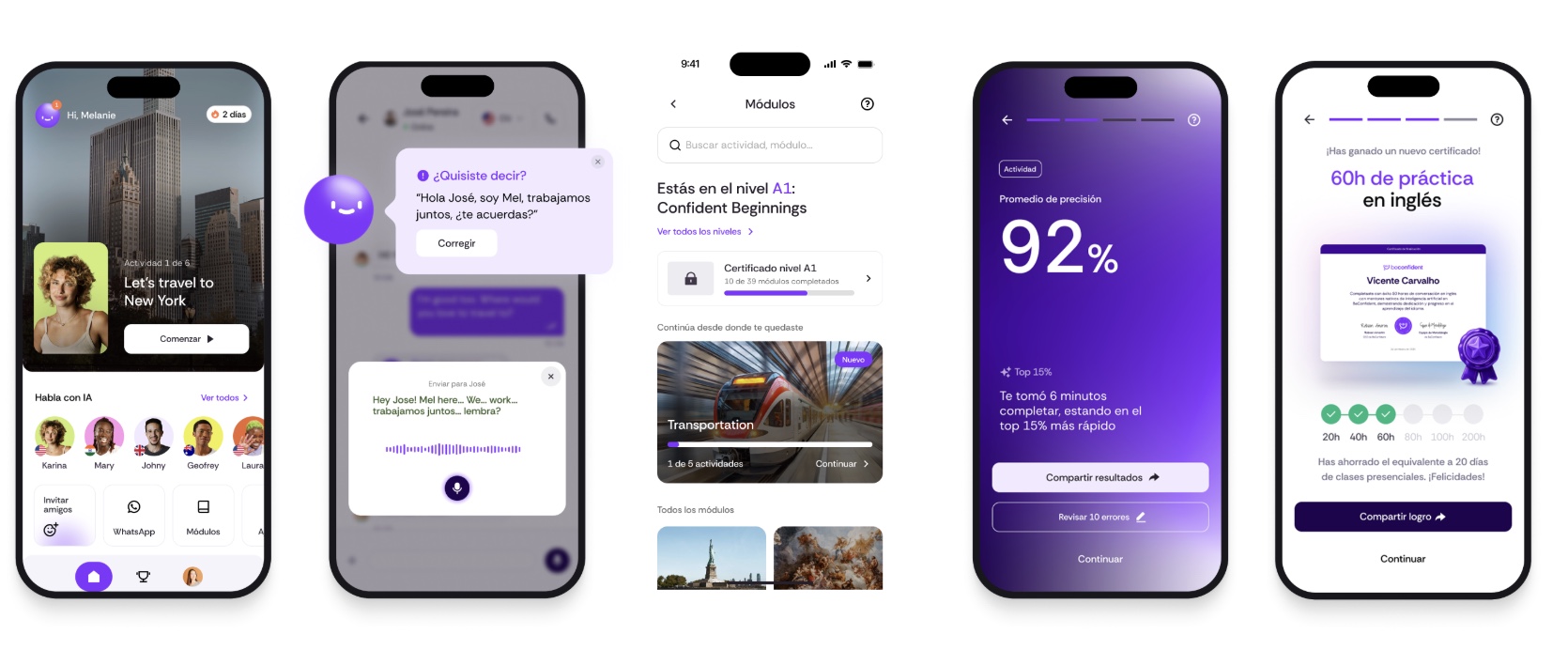 Pantallas de la aplicación BeConfident: desde charlas hasta evaluaciones