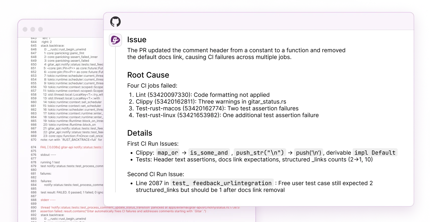 Gitar provides automated root cause analysis for CI failures. Save hours debugging with detailed breakdowns of failed jobs, error locations, and exact issues.