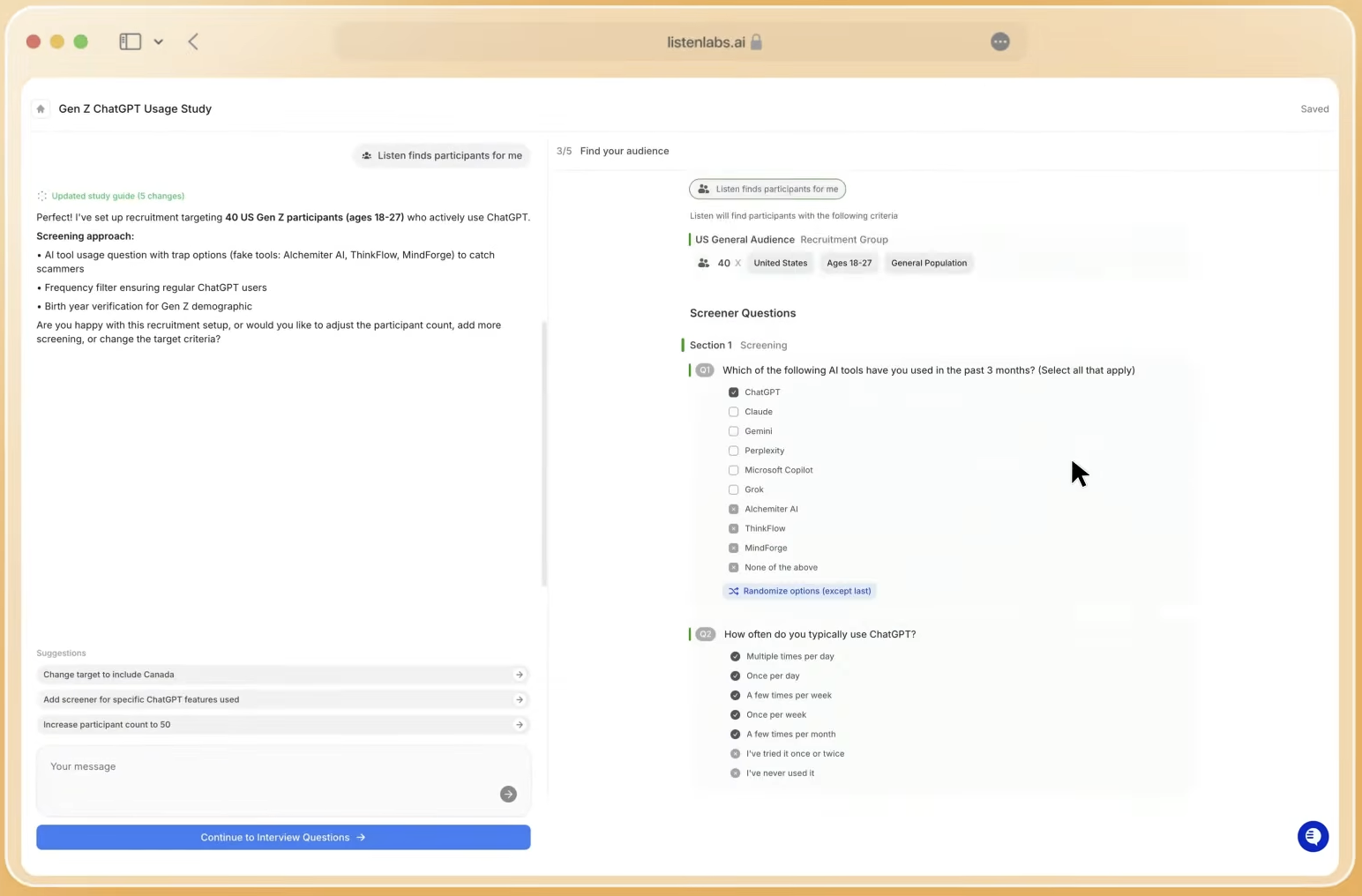 Listen Labs finds participants and helps build screener questions