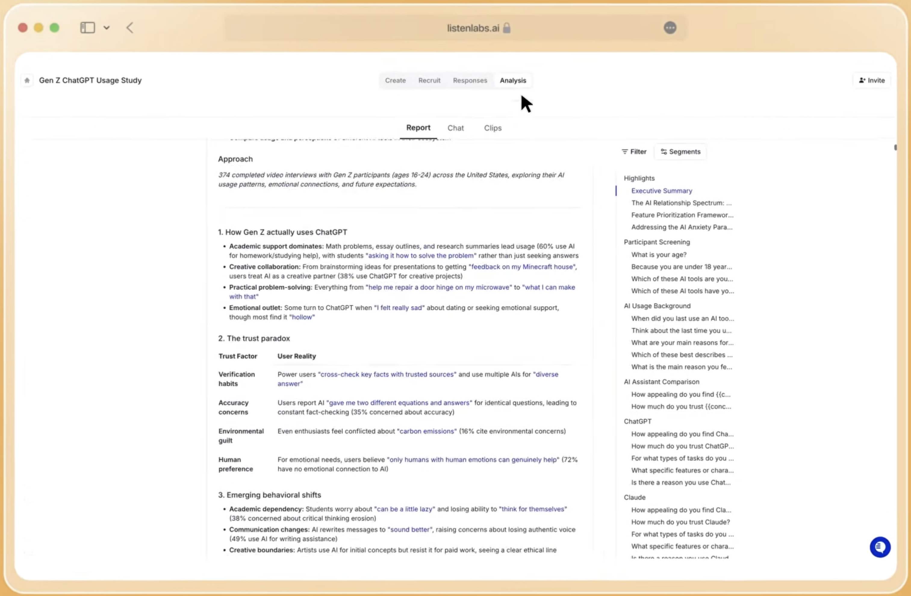 Listen Labs auto-generates research reports in under a minute