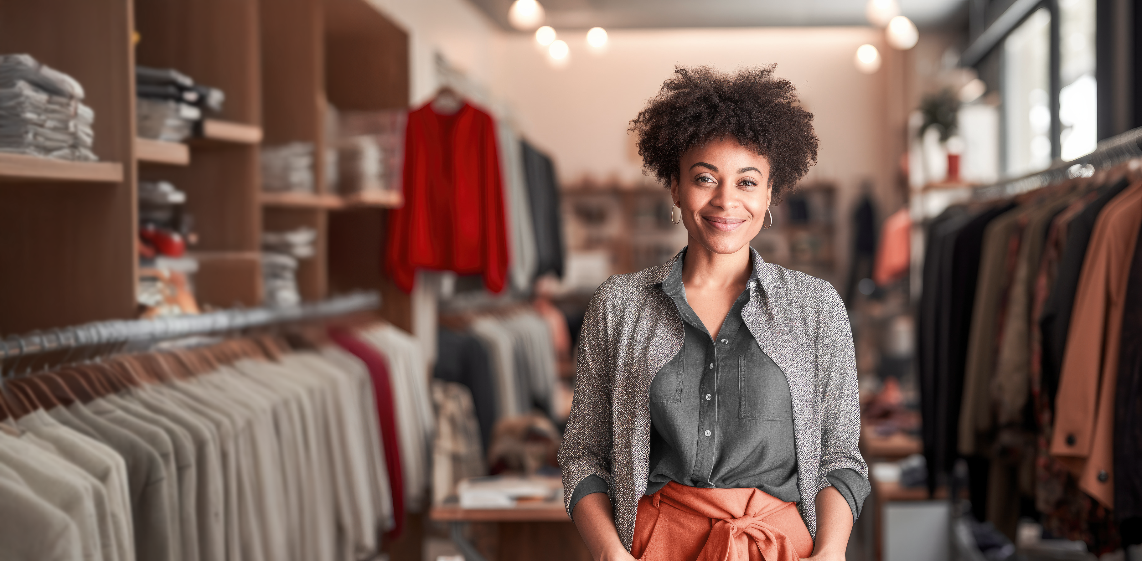 Uma mulher sorridente com cabelos cacheados, vestindo uma camisa cinza e saia laranja, posando em uma loja de roupas moderna e organizada, com araras de moda ao fundo.