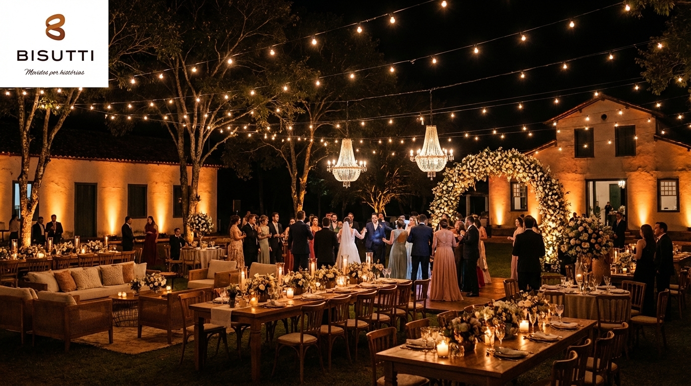 Casamento na fazenda à noite com elegância total