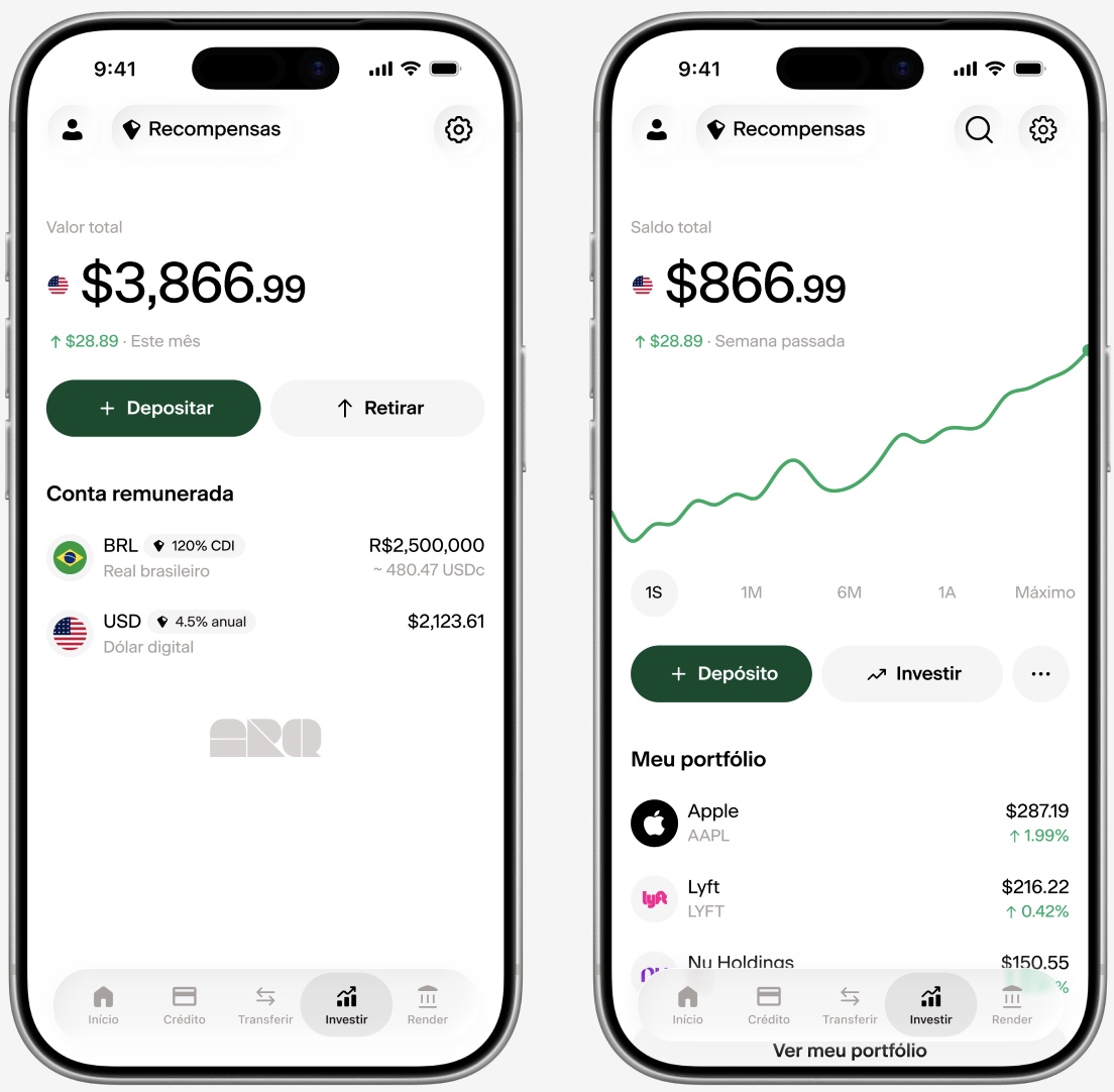 Telas do aplicativo do ARQ: confira os rendimentos da sua conta remunerada e a performance das suas aplicações em ações americanas.