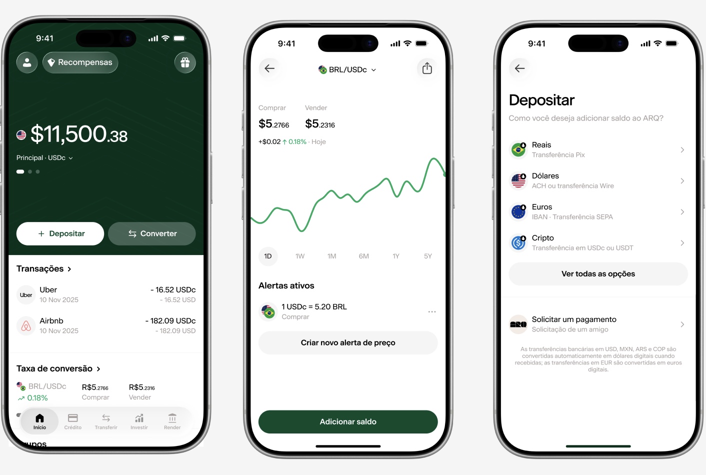 Telas do aplicativo do ARQ: confira seu saldo atual em USDc, taxas de conversão atuais, e acrescente saldos em BRL, USDc ou EURc à sua conta ARQ.