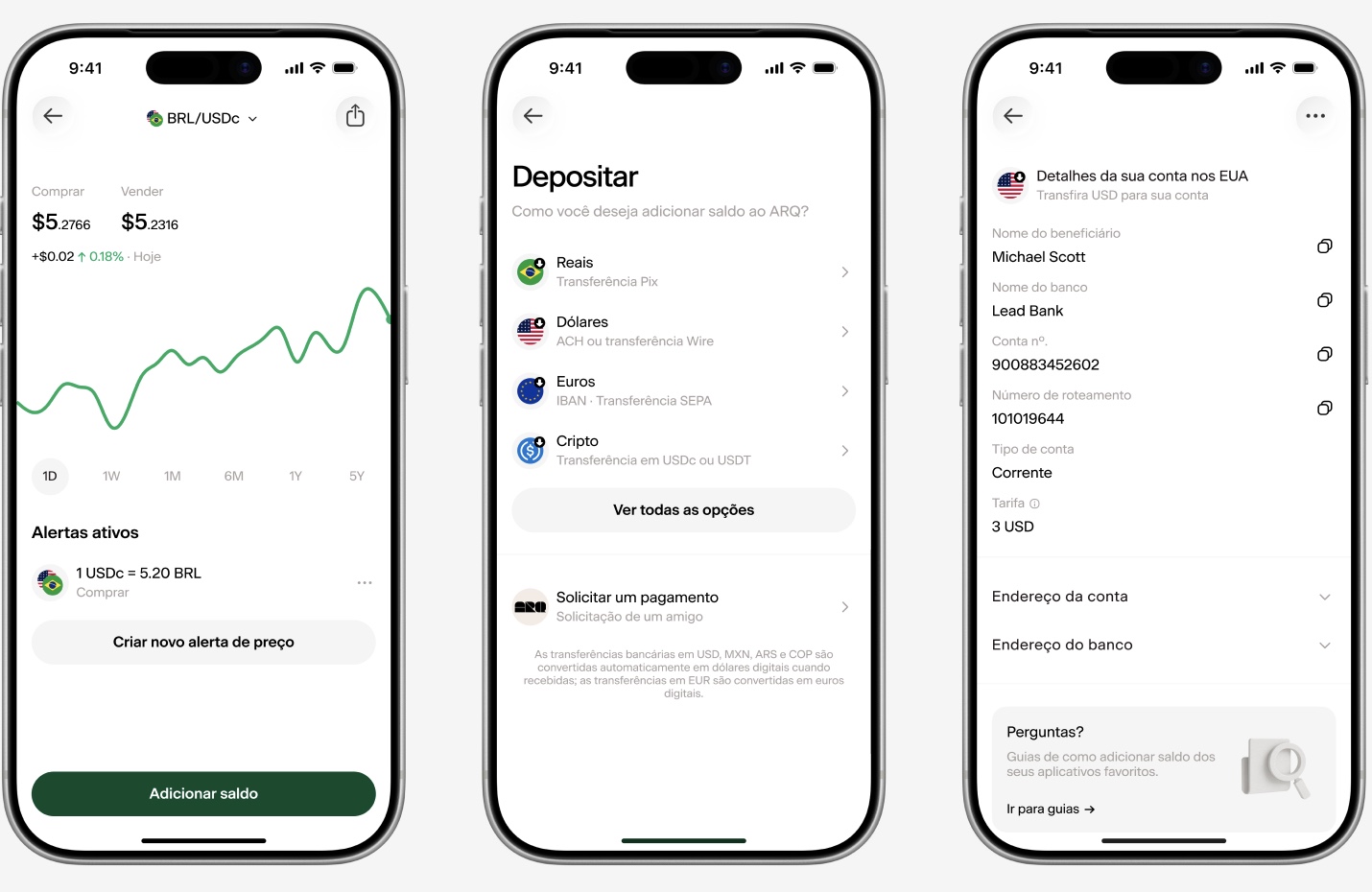 Telas do aplicativo do ARQ: confira taxas de conversão atuais e acrescente saldos em BRL, USDc ou EURc à sua conta ARQ, tendo uma conta nos EUA.
