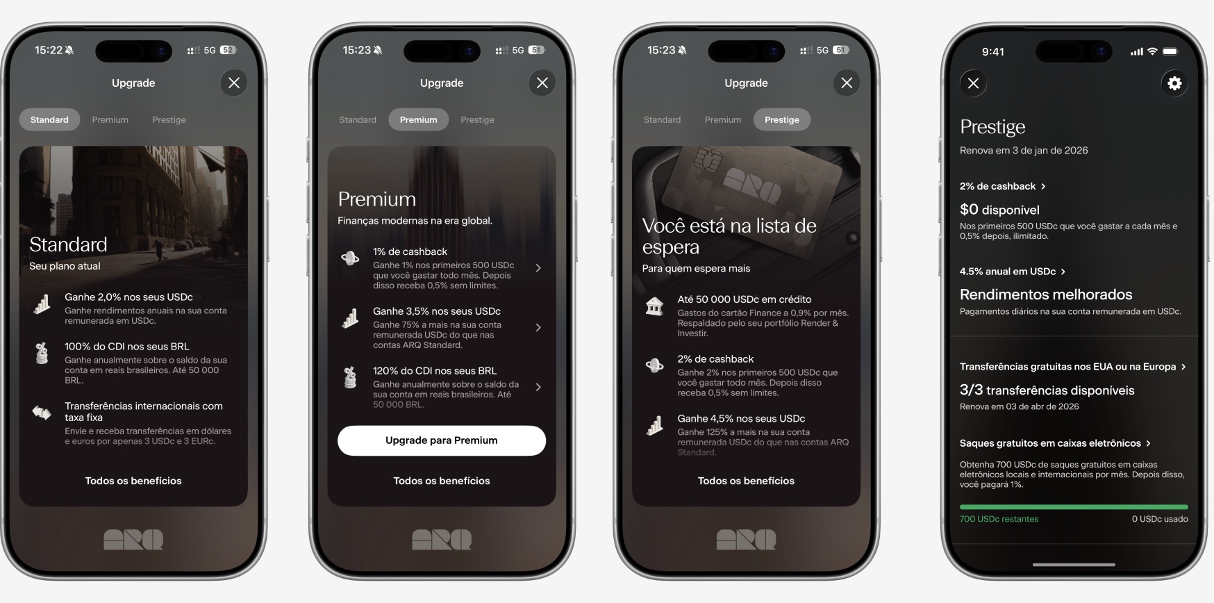 O ARQ tem três planos, cada um com diferentes vantagens, de cashback até rendimentos e transferências: Standard, Premium e Prestige