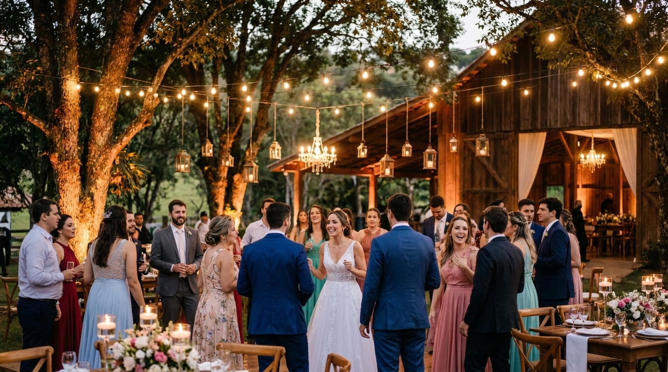 Ideias de iluminação para casamento ao ar livre em sítio