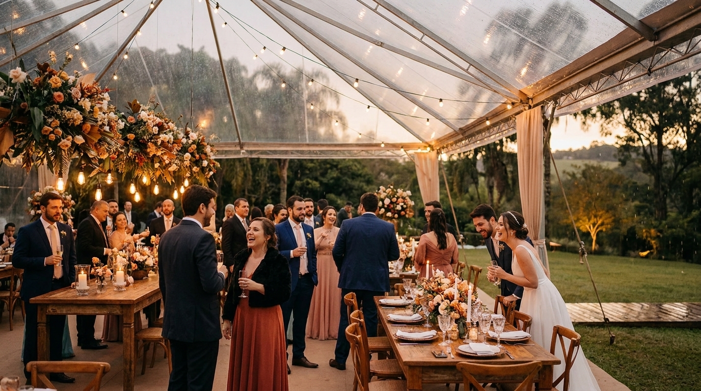 Como planejar casamento em chácara com plano B para chuva