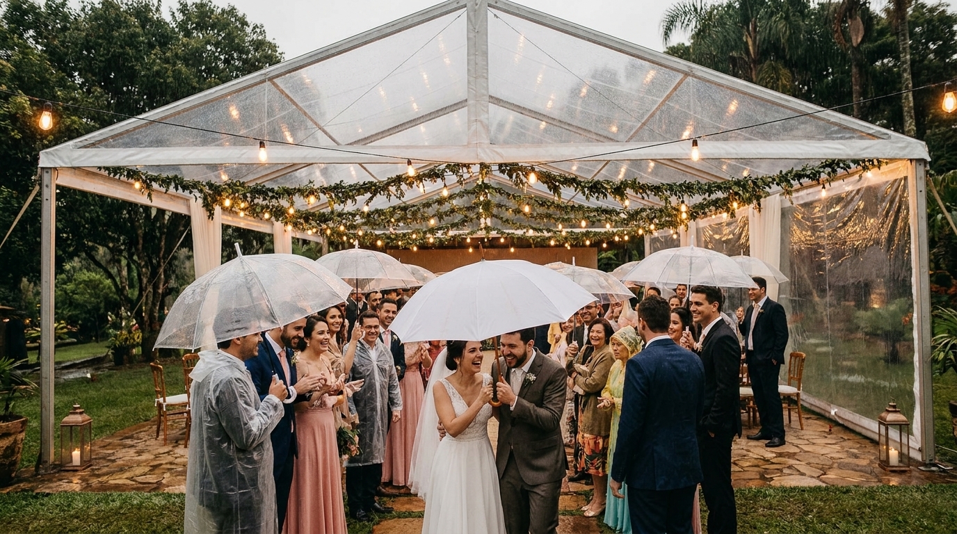 Casamento em chácara com chuva: preparação e dicas