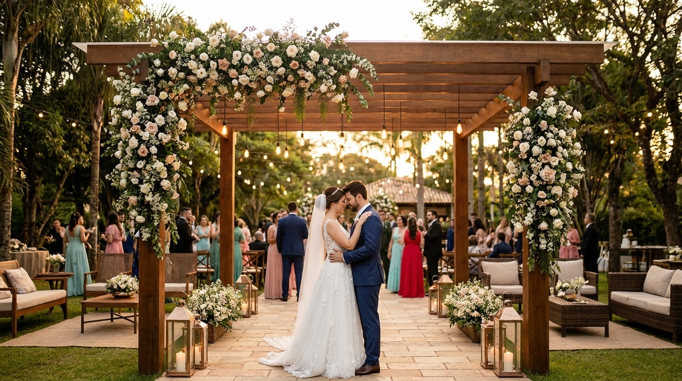 Paisagismo elegante para casamento em chácara de luxo