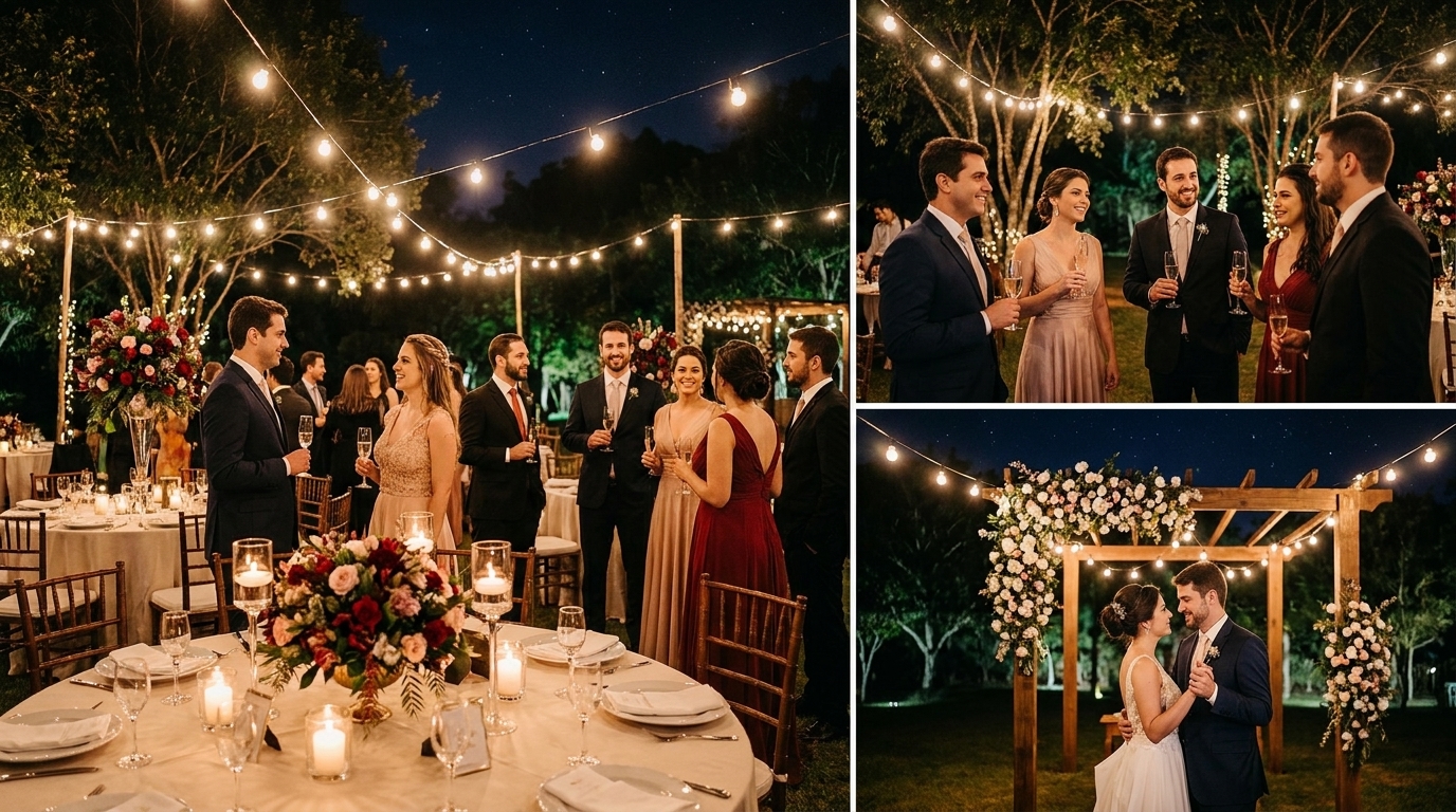 Ideias para casamento em chácara à noite sofisticado