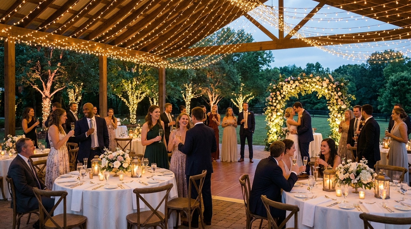 Ideias de iluminação sofisticada para casamento em chácara