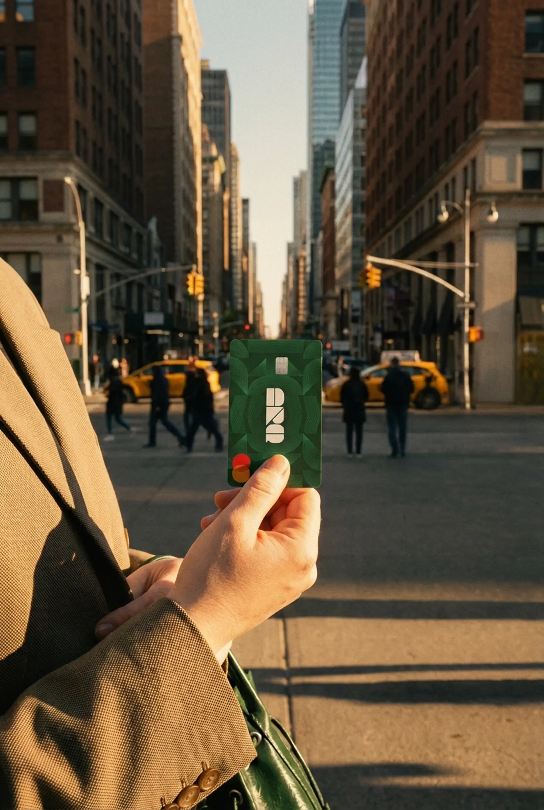 Pessoa segurando um cartão verde em uma rua movimentada, representando mobilidade, pagamentos no exterior e praticidade para viagens internacionais.