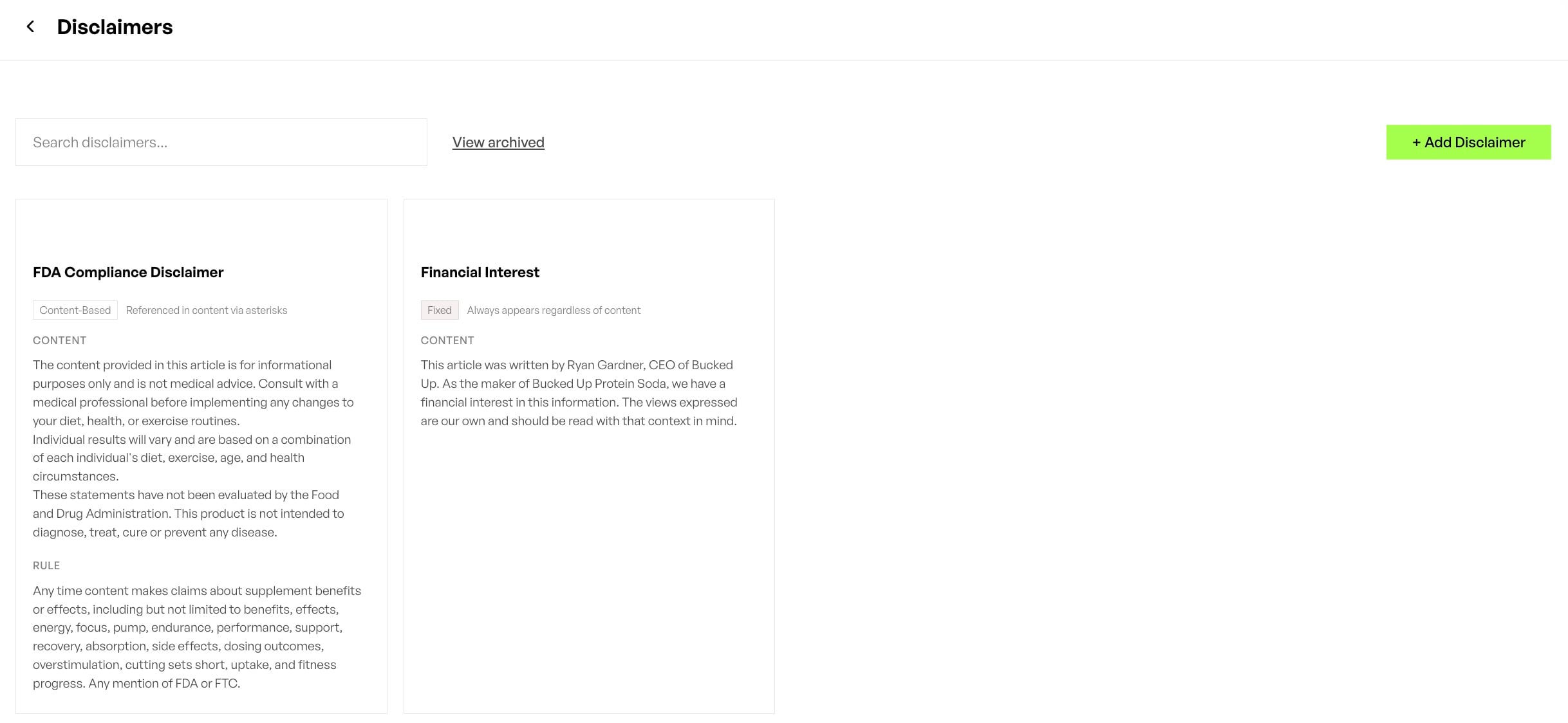AI Growth Agent's personalization section lets brands add dynamic, specific disclaimer that are embedded into article according to the content.