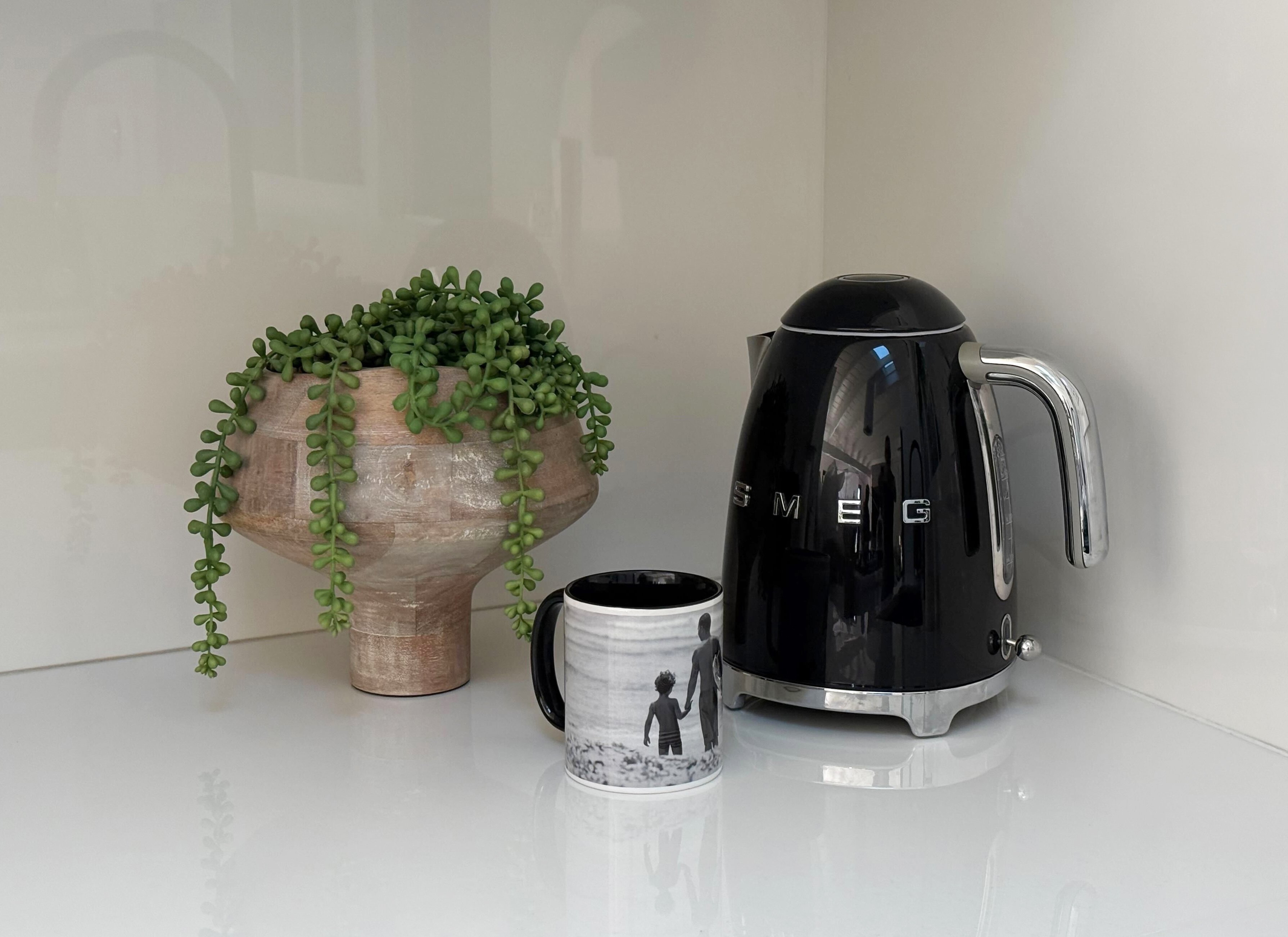 Personalized black and white Photo Mug of father and son on the beach