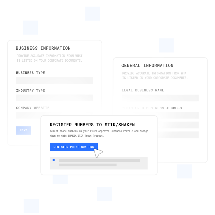 Screenshot of Plura’s fully compliant AI communications platform showing business registration and phone number provisioning workflows for AI Voice, SMS, RCS, and Webchat communication automation.