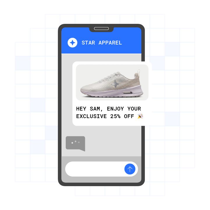 Plura RCS messaging interface showing rich mobile communication with branded media, interactive messaging, and AI engagement tools.