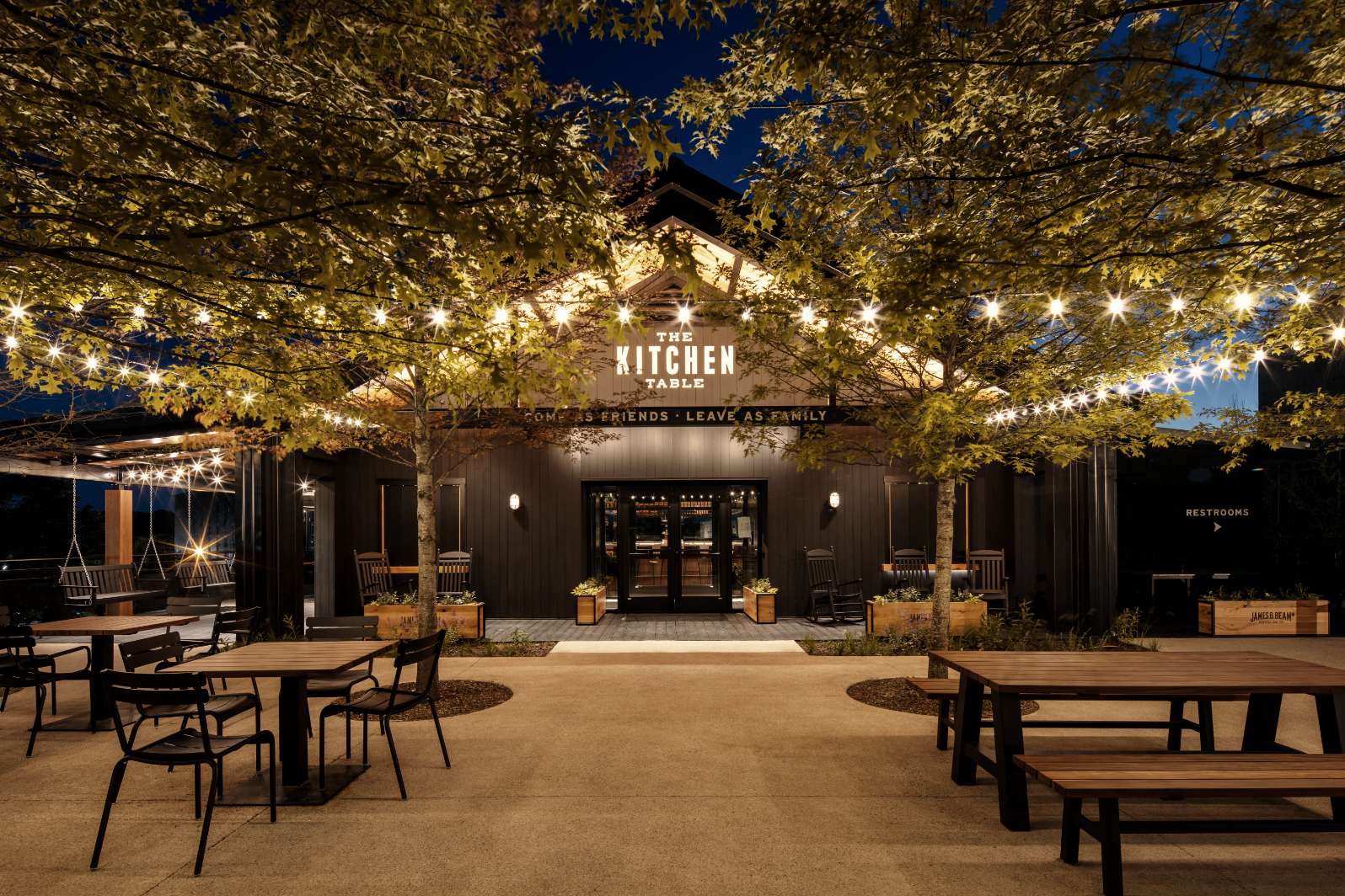 The Kitchen Table Restaurant's outside patio at night, inside James B. Beam Distilling Co.