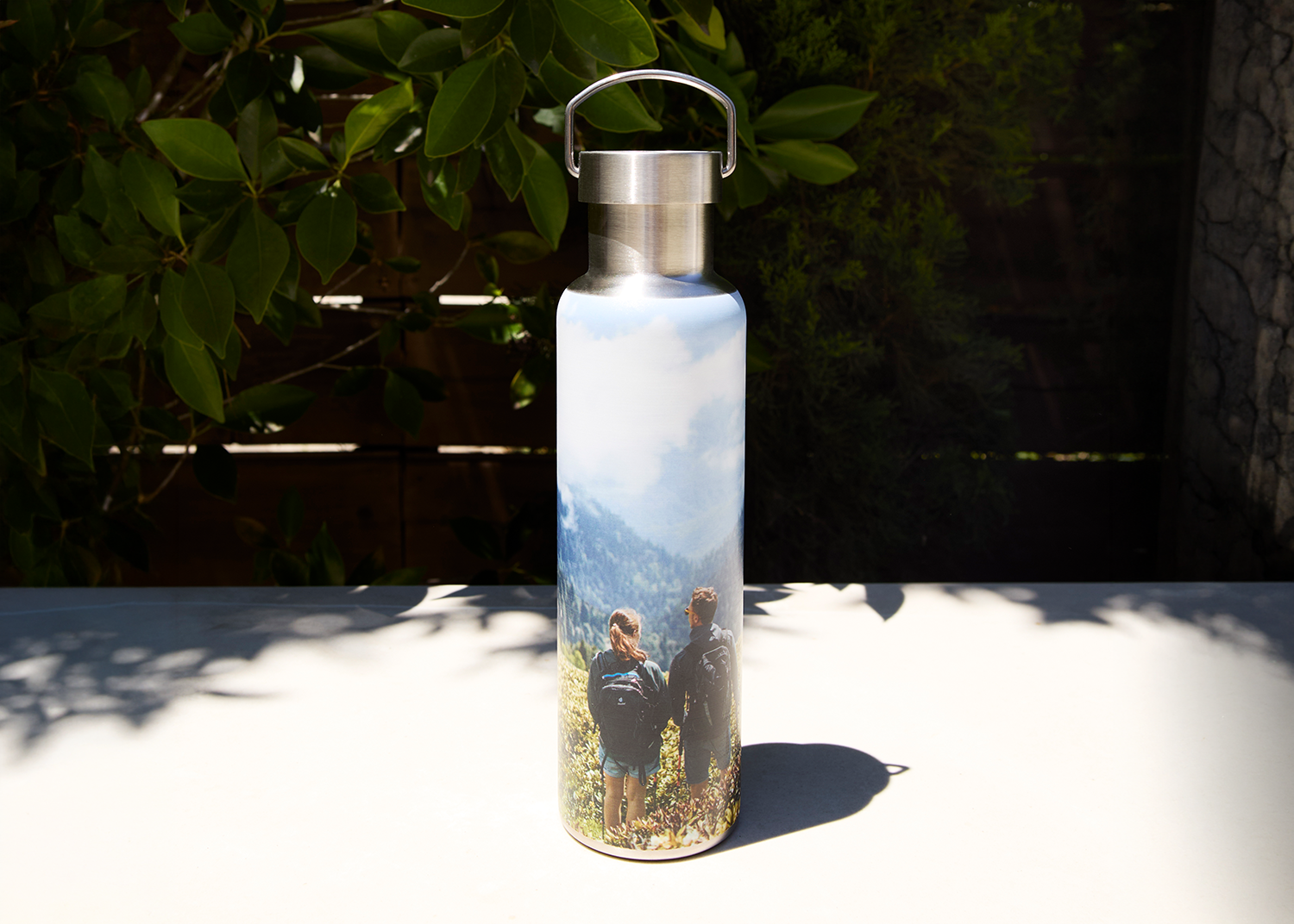 Stainless Steel Bottle with custom photo of two hikers