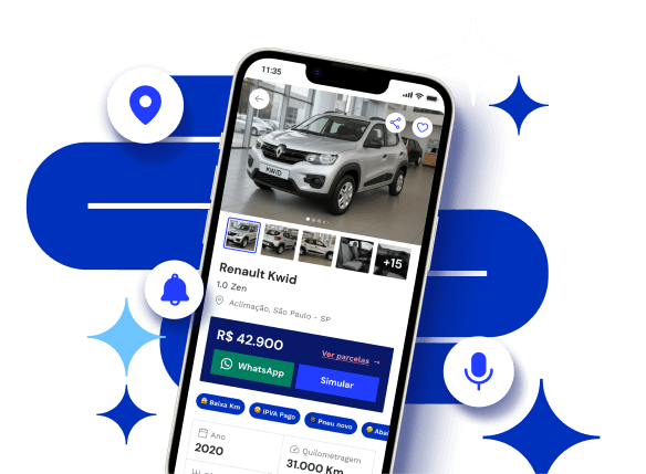 Smartphone com o app da NaPista aberto no anúncio de um Renault Kwid 1.0 Zen 2020, mostrando preço, fotos e opções de contato