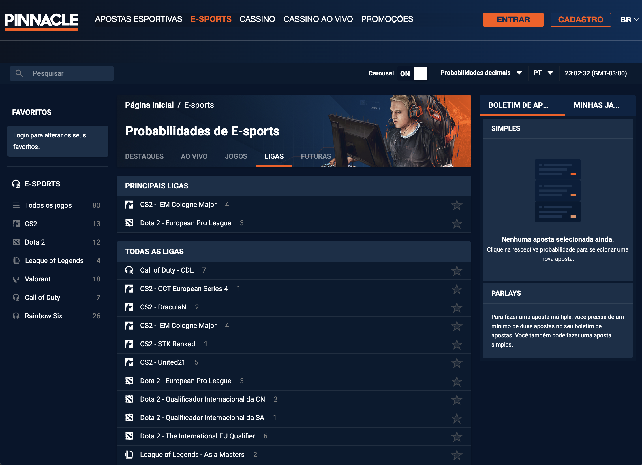 A Pinnacle é pioneira em E-sports como Counter-Strike, League of Legends, Dota e Valorant.