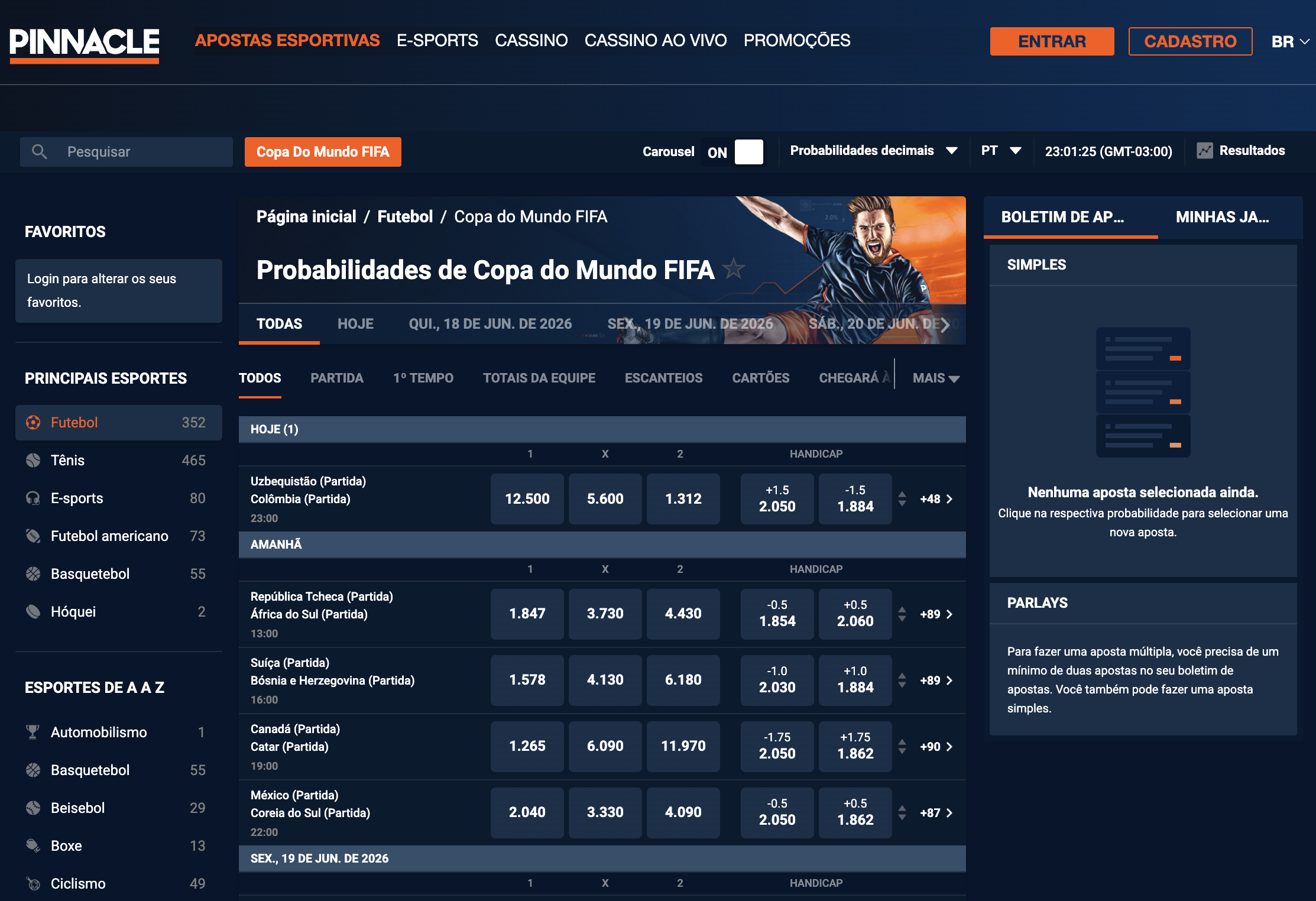 A Pinnacle é uma das marcas de apostas esportivas mais consolidadas do mundo, com cobertura completa em futebol, além de basquete, tênis e outras modalidades, entregando odds mais competitivas de forma recorrente.